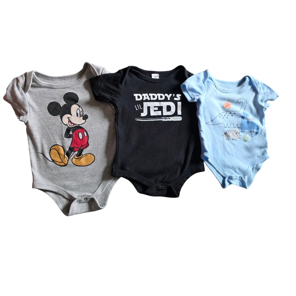 Lot of 3 Baby‎ Bodysuits Disney Mickey Mouse Star Wars Jedi Dinosaur 6-12 Months